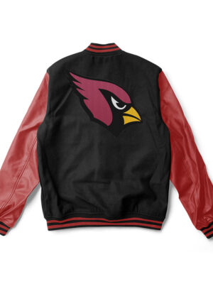 A black and red Arizona Cardinals varsity jacket with red trims and a large team logo patch on the chest.