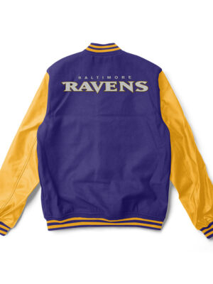 A Purple and Yellow Baltimore Ravens varsity jacket with yellow trim and a large team logo patch on the Back