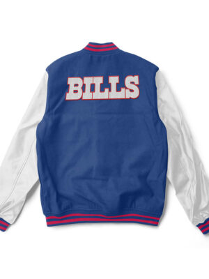 A Blue and white Buffalo Bills varsity jacket with red trim and a large team logo patch on the back