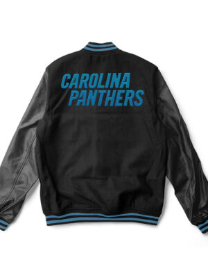 A Black and blue Carolina panthers varsity jacket with blue trim and a large team logo patch on the back