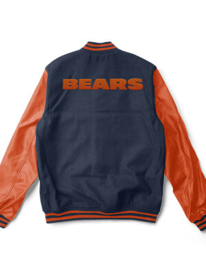 A blue and orange Chicago Bears varsity jacket with orange trim and a large team logo patch on the back