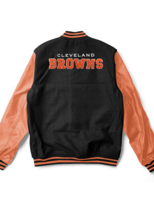 A black and orange Cleveland Browns varsity jacket with orange trim and a large team logo patch on the back