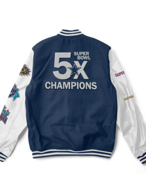 A blue and white Dallas cowboys varsity jacket with blue trim and a large team logo patch on the back