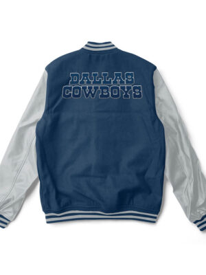 A blue and white Dallas cowboys varsity jacket with blue trim and a large team logo patch on the back