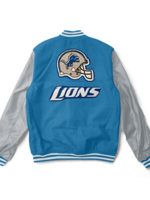 A blue and grey Denver broncos varsity jacket with white trim and a large team logo patch on the back