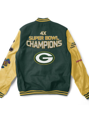 A Green and yellow Green Bay Packers varsity jacket with yellow trim and a large team logo patch on the back