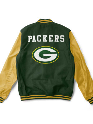 A Green and yellow Green Bay Packers varsity jacket with yellow trim and a large team logo patch on the back