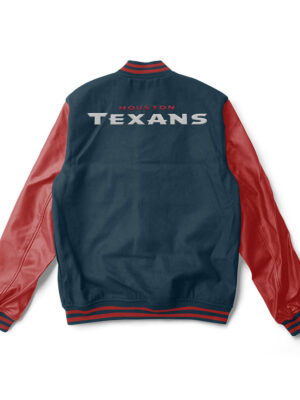 A Blue and red Houston Texans varsity jacket with red trim and a large team logo patch on the back