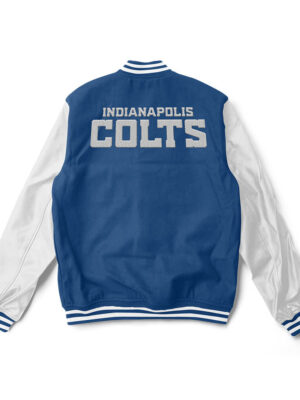 A Blue and white Indianapolis Colts varsity jacket with white trim and a large team logo patch on the back