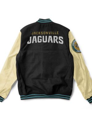 A Black and cream Jacksonville Jaguars varsity jacket with blue trim and a large team logo patch on the back