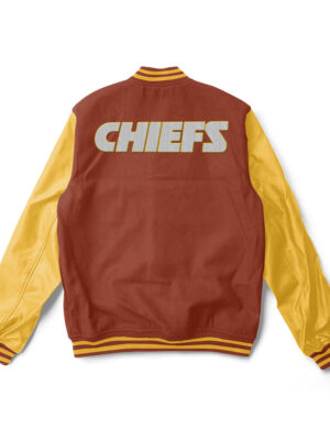 A red and yellow Kansas City Chiefs varsity jacket with yellow trim and a large team logo patch on the back