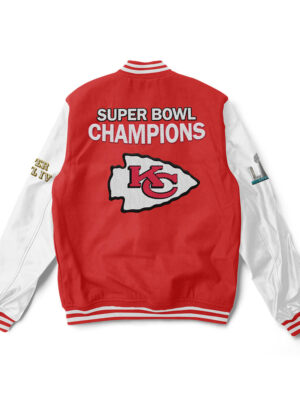 A red and white Kansas City Chiefs varsity jacket with red trim and a large team logo patch on the back