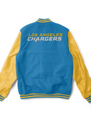A blue and yellow Los Angeles chargers varsity jacket with yellow trim and a large team logo patch on the front