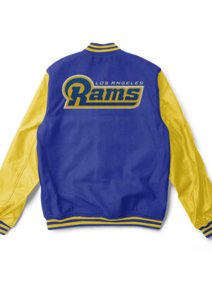 A blue and yellow Los Angeles Ram varsity jacket with yellow trim and a large team logo patch on the back
