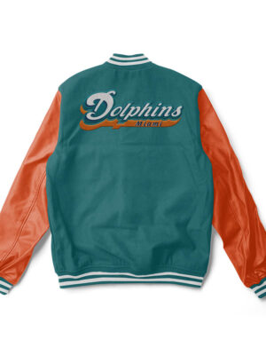 A sea green and orange Miami Dolphins varsity jacket with White trim and a large team logo patch on the back