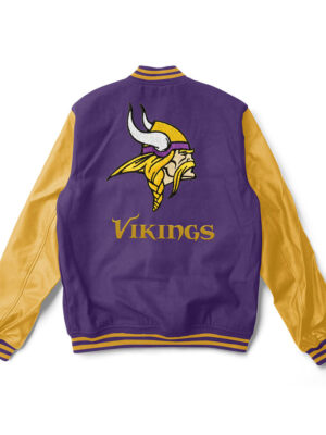 A purple and yellow Minnesota Vikings varsity jacket with yellow trim and a large team logo patch on the back