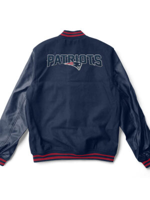A Blue New England Patriots varsity jacket with red trim and a large team logo patch on the back