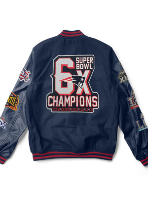 A Blue New England Patriots varsity jacket with red trim and a large team logo patch on the back