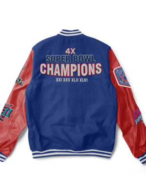 A Blue and red New York Giants varsity jacket with white trim and a large team logo patch on the Back