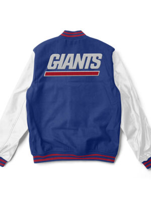 A Blue and White New York Giants varsity jacket with red trim and a large team logo patch on the back