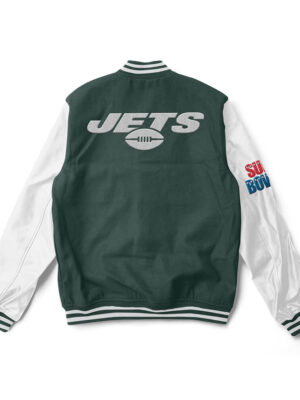 A green and white New York Jets varsity jacket with white trim and a large team logo patch on the back