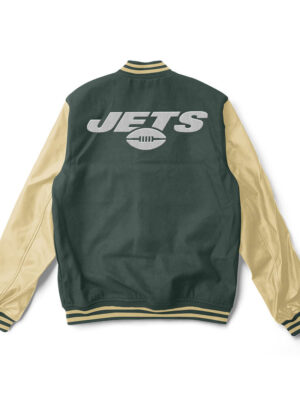 A green and yellow New York Jets varsity jacket with yellow trim and a large team logo patch on the back