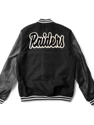 A Black Oakland Raiders varsity jacket with white trim and a large team logo patch on the front