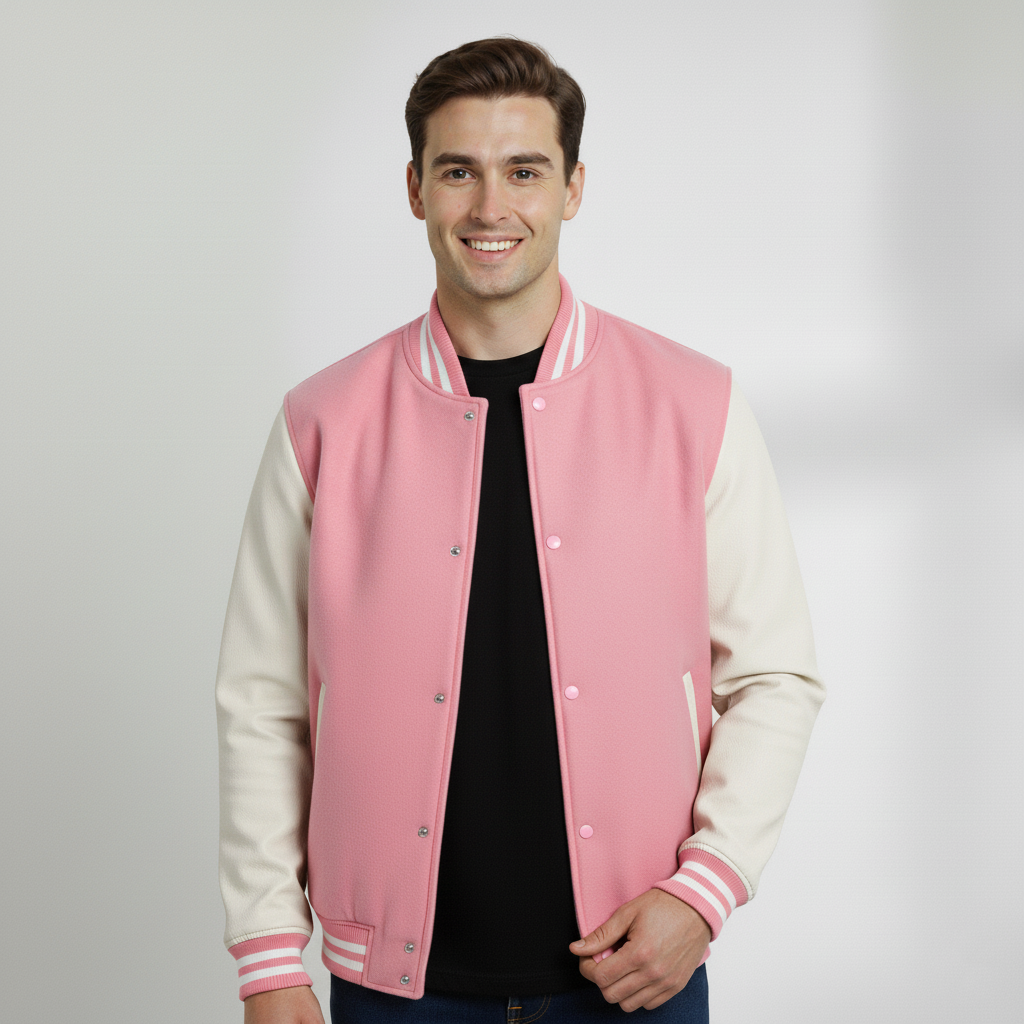 Varsity Vogue Letterman: Pink Varsity Jacket with White sleeves Varsity Vogue