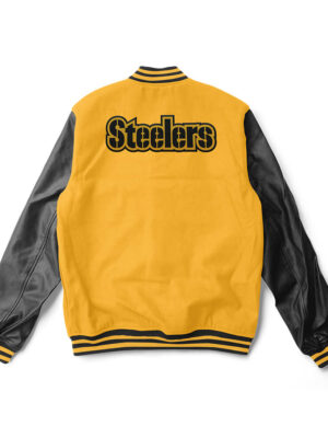 A Black and Yellow Pittsburgh Steelers varsity jacket with yellow trim and a large team logo patch on the back