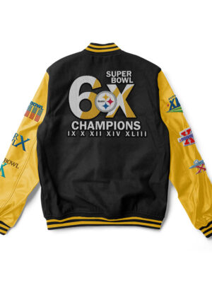 A Black and Yellow Pittsburgh Steelers varsity jacket with yellow trim and a large team logo patch on the back