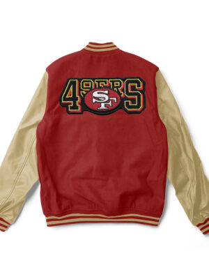 A Red and golden San Francisco 49ers varsity jacket with golden trim and a large team logo patch on the back