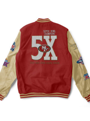 A Red and golden San Francisco 49ers varsity jacket with golden trim and a large team logo patch on the back
