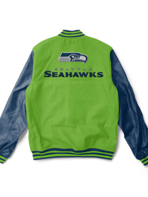 A Green and Blue Seattle Seahawks varsity jacket with green trim and a large team logo patch on the back