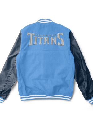 A blue and black Tennessee Titans varsity jacket with white trim and a large team logo patch on the back