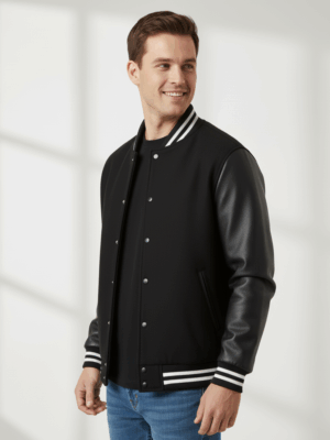 All black varsity vogue varsity jacket with white trim