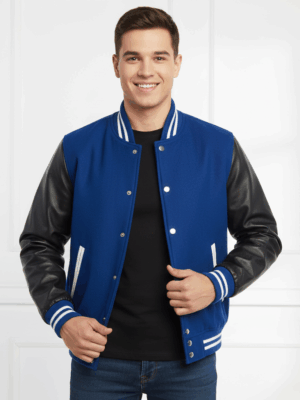 Varsity Vogue Letterman: Blue Varsity Jacket with black sleeves Varsity Vogue