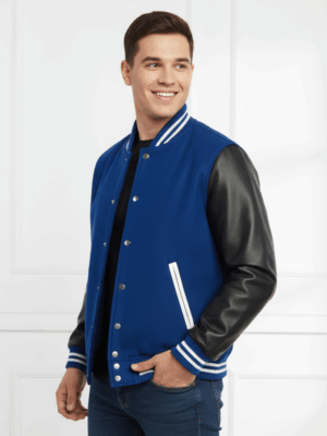 Blue and black varsity vogue varsity jacket with white trim