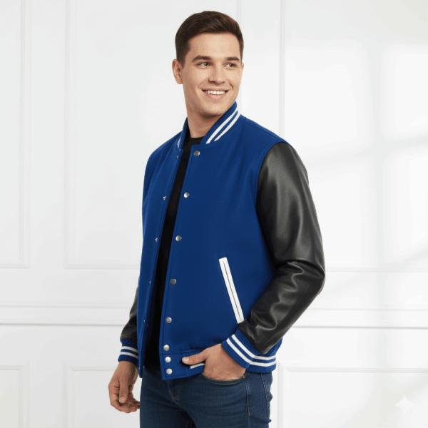 Varsity Vogue Letterman: Blue Varsity Jacket with black sleeves Varsity Vogue