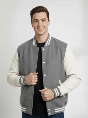 Varsity Vogue Letterman: Grey Varsity Jacket with White sleeves Varsity Vogue