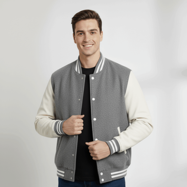 Varsity Vogue Letterman: Grey Varsity Jacket with White sleeves Varsity Vogue