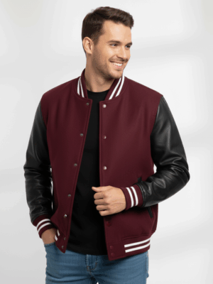 Varsity Vogue Letterman: Maroon Varsity Jacket with Black sleeves Varsity Vogue
