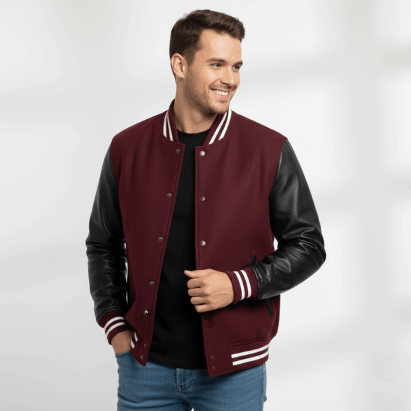 Varsity Vogue Letterman: Maroon Varsity Jacket with Black sleeves Varsity Vogue