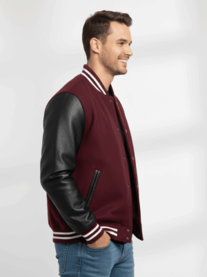 Varsity Vogue Letterman: Maroon Varsity Jacket with Black sleeves Varsity Vogue