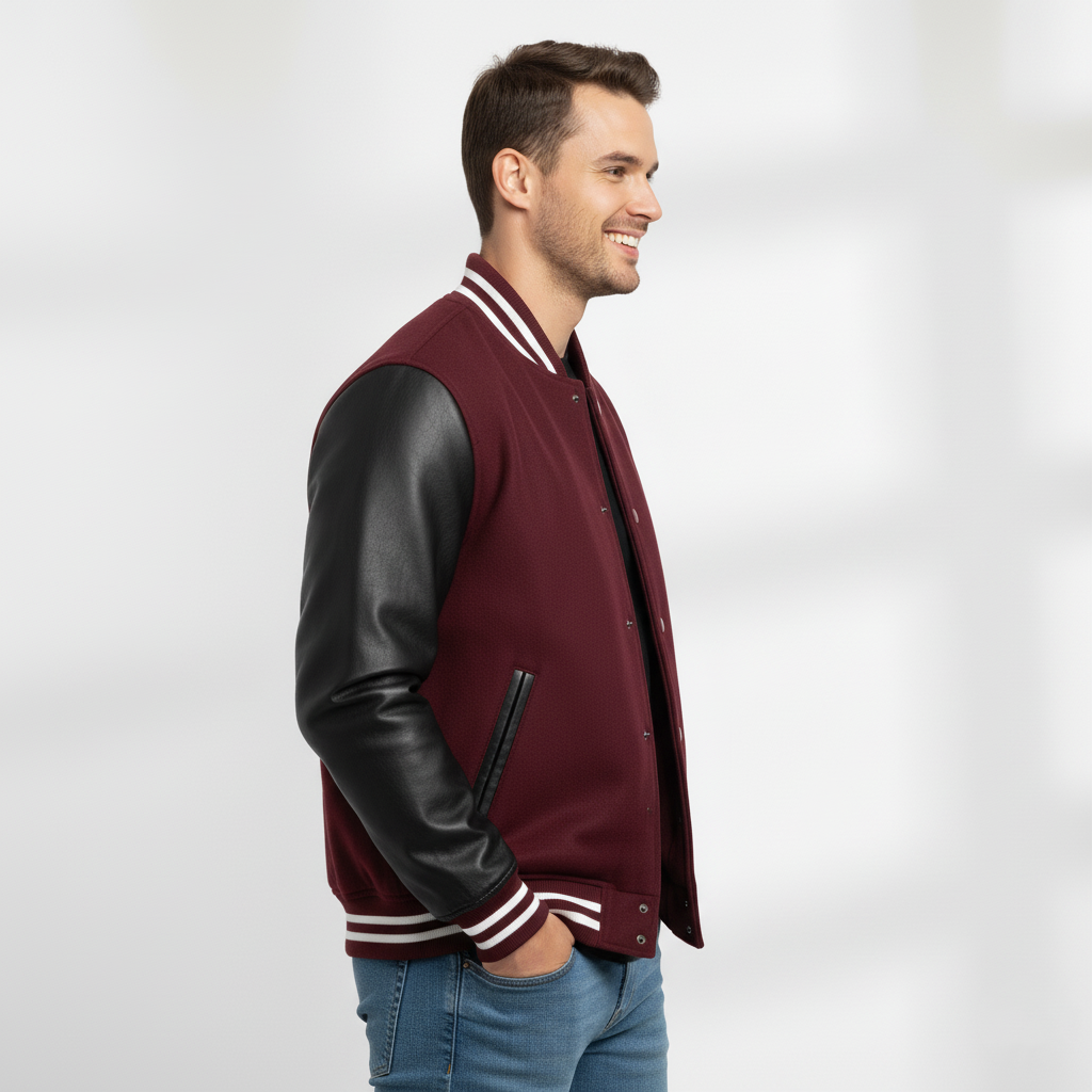 Varsity Vogue Letterman: Maroon Varsity Jacket with Black sleeves Varsity Vogue