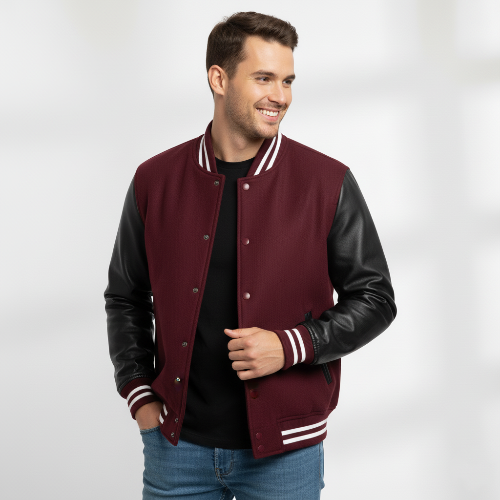 Varsity Vogue Letterman: Maroon Varsity Jacket with Black sleeves Varsity Vogue