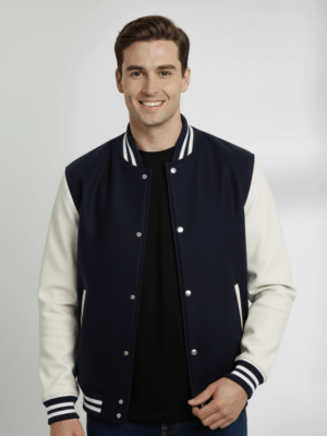 Varsity Vogue Letterman: Navy Blue Varsity Jacket with White sleeves Varsity Vogue