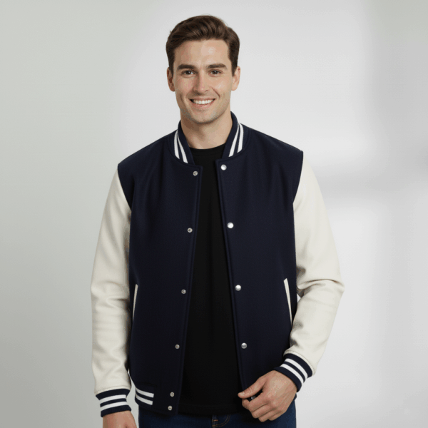 Varsity Vogue Letterman: Navy Blue Varsity Jacket with White sleeves Varsity Vogue