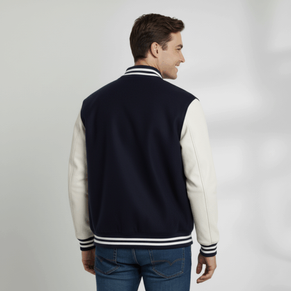 Varsity Vogue Letterman: Navy Blue Varsity Jacket with White sleeves Varsity Vogue