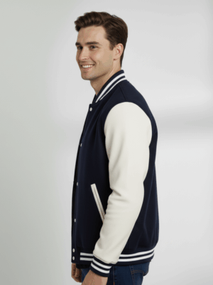 Varsity Vogue Letterman: Navy Blue Varsity Jacket with White sleeves Varsity Vogue