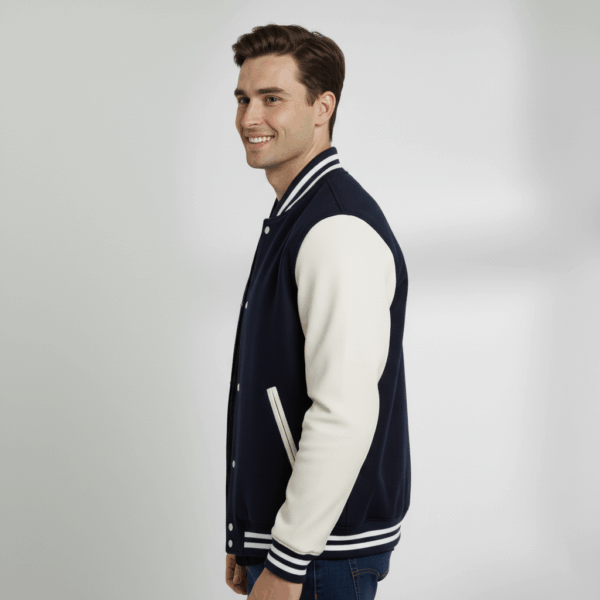 Varsity Vogue Letterman: Navy Blue Varsity Jacket with White sleeves Varsity Vogue